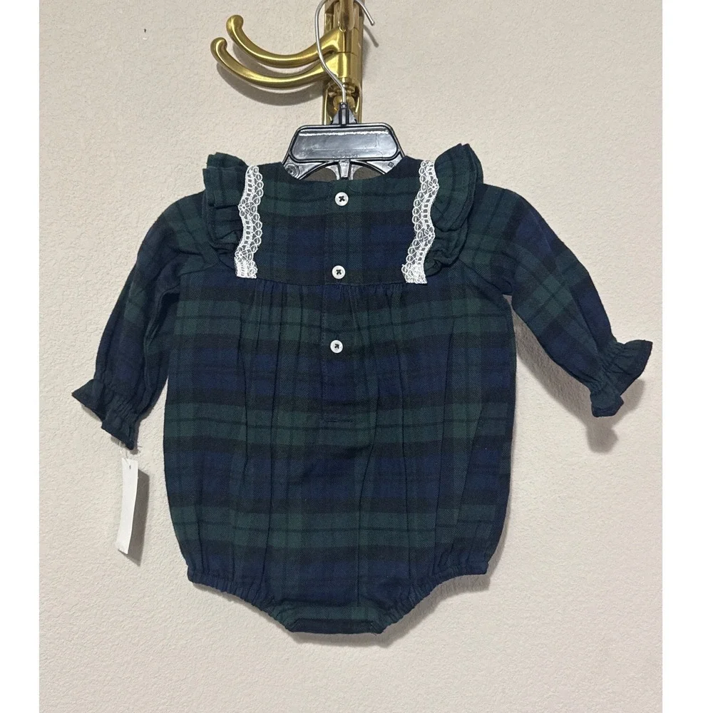 NWT Edgehill Collection Plaid Romper 3M Green Black Watch Lace Ruffle Holiday